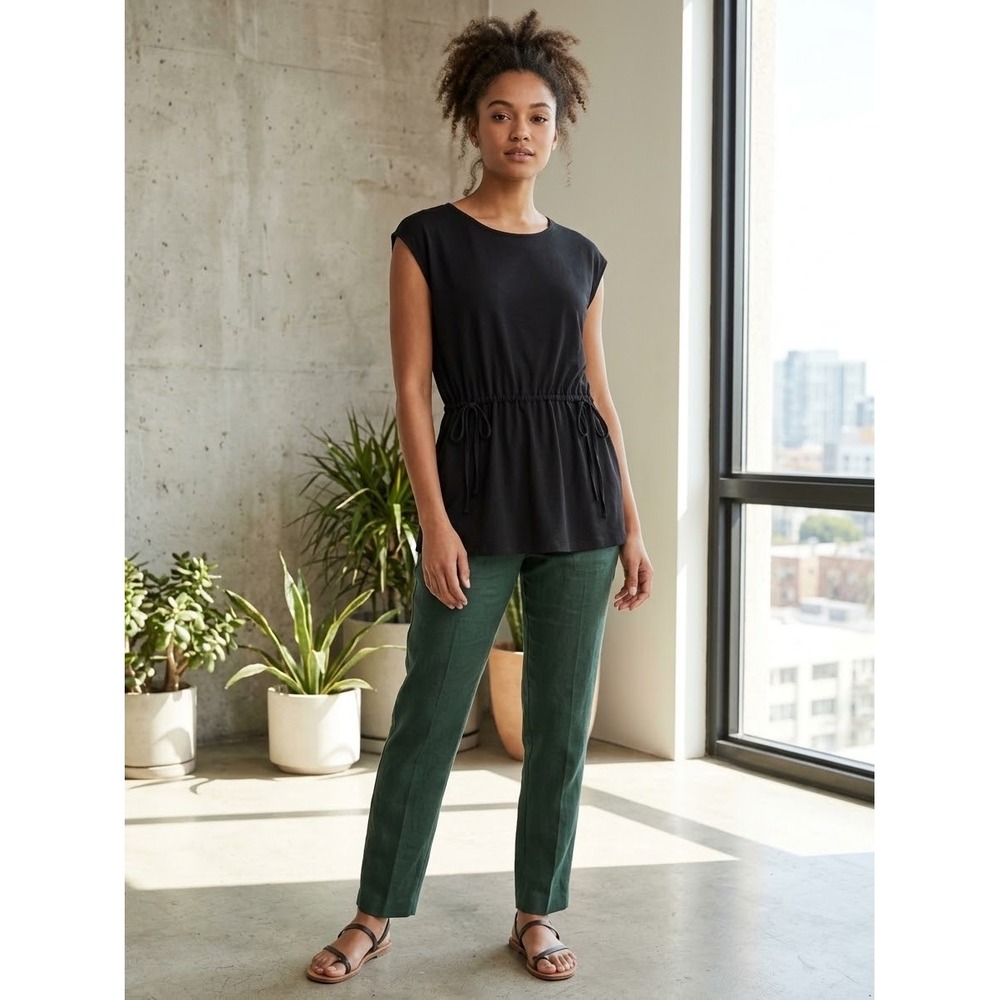 Eileen Fisher Black Tencel Drawstring Waist Cap Sleeve Top XS TP